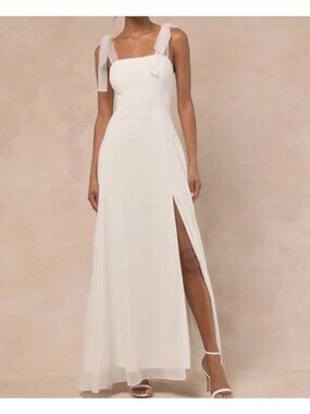 Lulus Radiant Romance White Maxi Dress With Sheer Tie Straps & Front Slit Size M